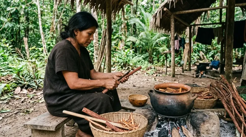 Woman preparing Vilcacora brew or tea on fire in pot