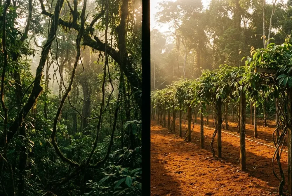 dense wild Amazon jungle with tangled vines, right side a neatly cultivated medicinal plant garden with rows of Banisteriopsis caapi