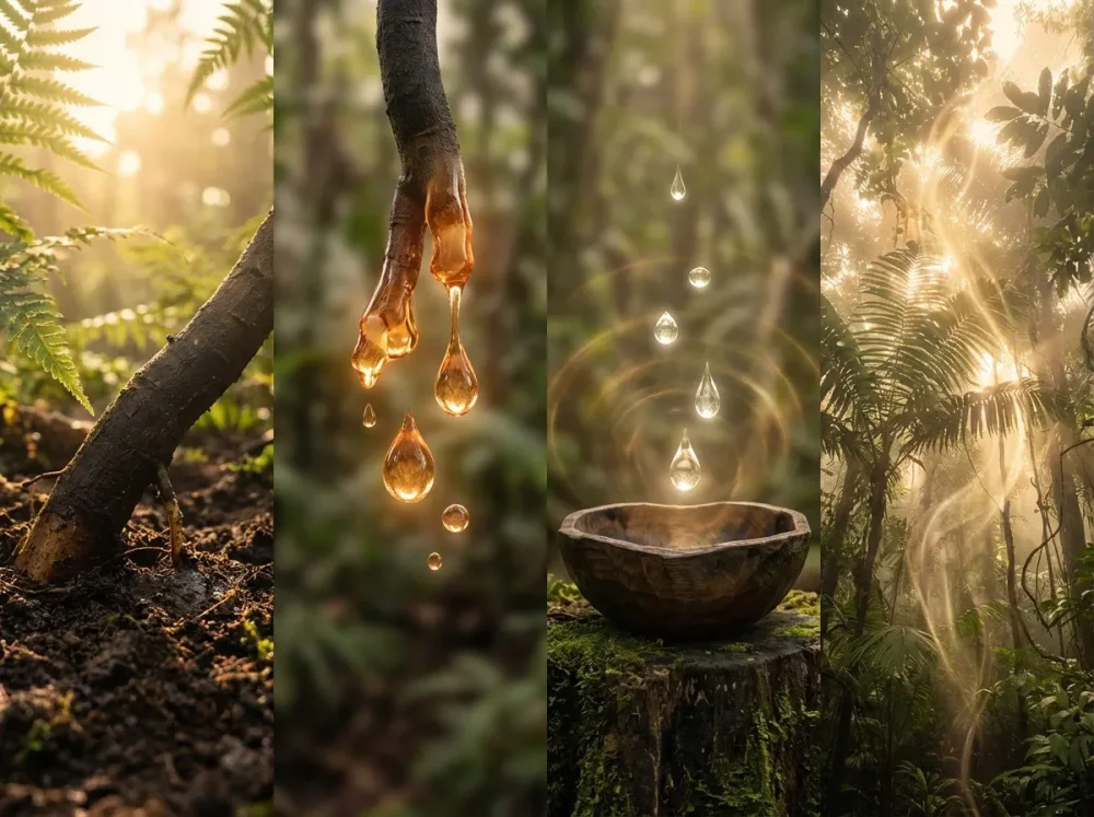 Illustration of Sananga drops falling into a bowl in a rainforest setting.