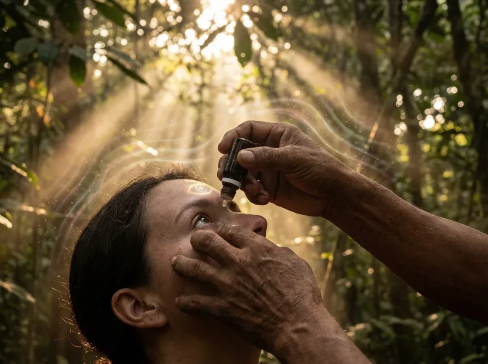 Illustration of a person receiving Sananga drops in a rainforest setting.