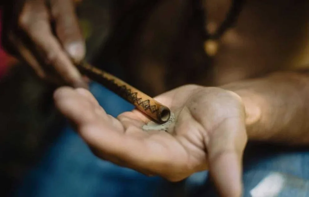 Rapé powder on hand prepared for blowing by Tepi