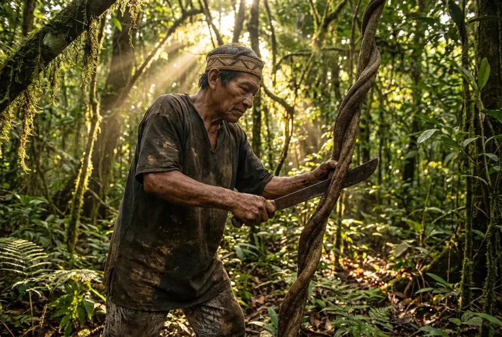 indigenous harvester deep in the Amazon jungle, cutting a thick Banisteriopsis caapi vine with a machete