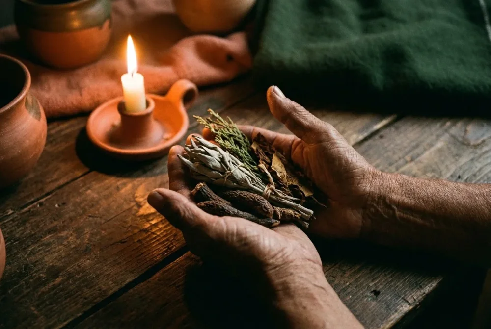 weathered indigenous elder hands holding sacred medicinal plant leaves
